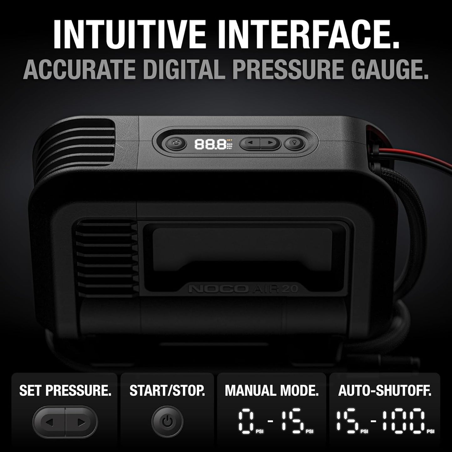 NOCO AIR20: UltraFast 20A Tire Inflator - 12V Portable Air Compressor Pump, 100 PSI Max – 47 SLPM Airflow Inflates 0–40 PSI in 2.5 Minutes – Digital Gauge + Auto-Shutoff