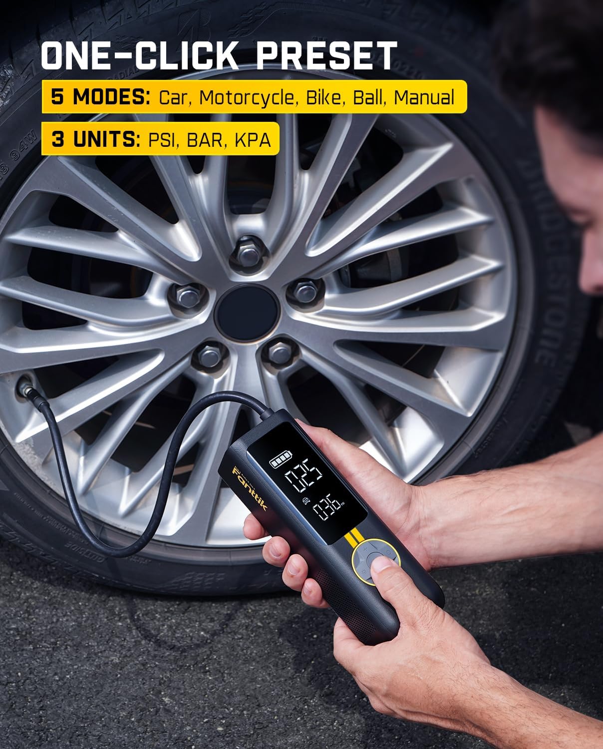 Fanttik X8 APEX Tire Inflator Portable Air Compressor, 1 Min Fast Inflation, 150PSI Cordless Tire Inflator with LED Dual Screen, Suitable for MPV, Car, Motorcycle, Up to 26.3″ Tires, Deluxe Package