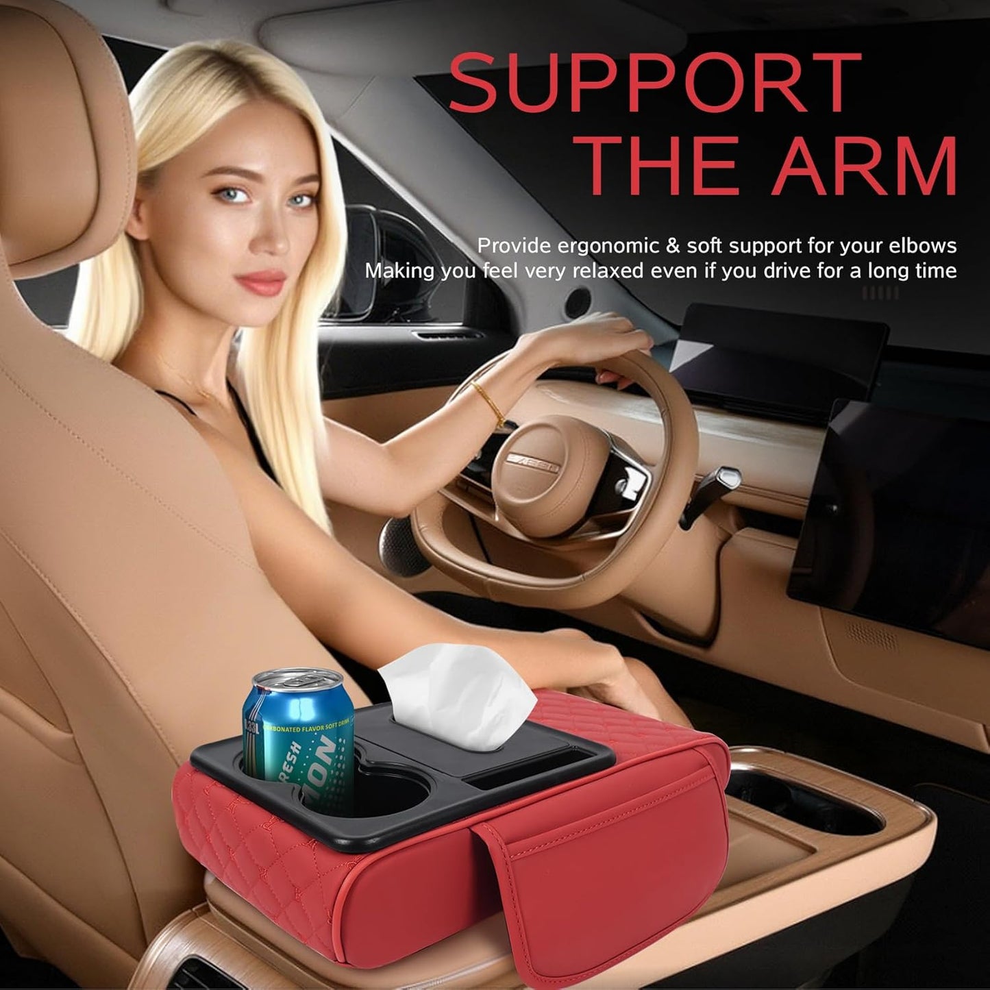 5 in 1 Car Armrest Storage Box for Center Console, Armrest Cushion Cover for Car with 2 Cup Holders Storage Bags, Tissue Box, Phone Slot, Premium Memory Foam with Nappa Leather, 14.2*7.9*2.8in, Orange