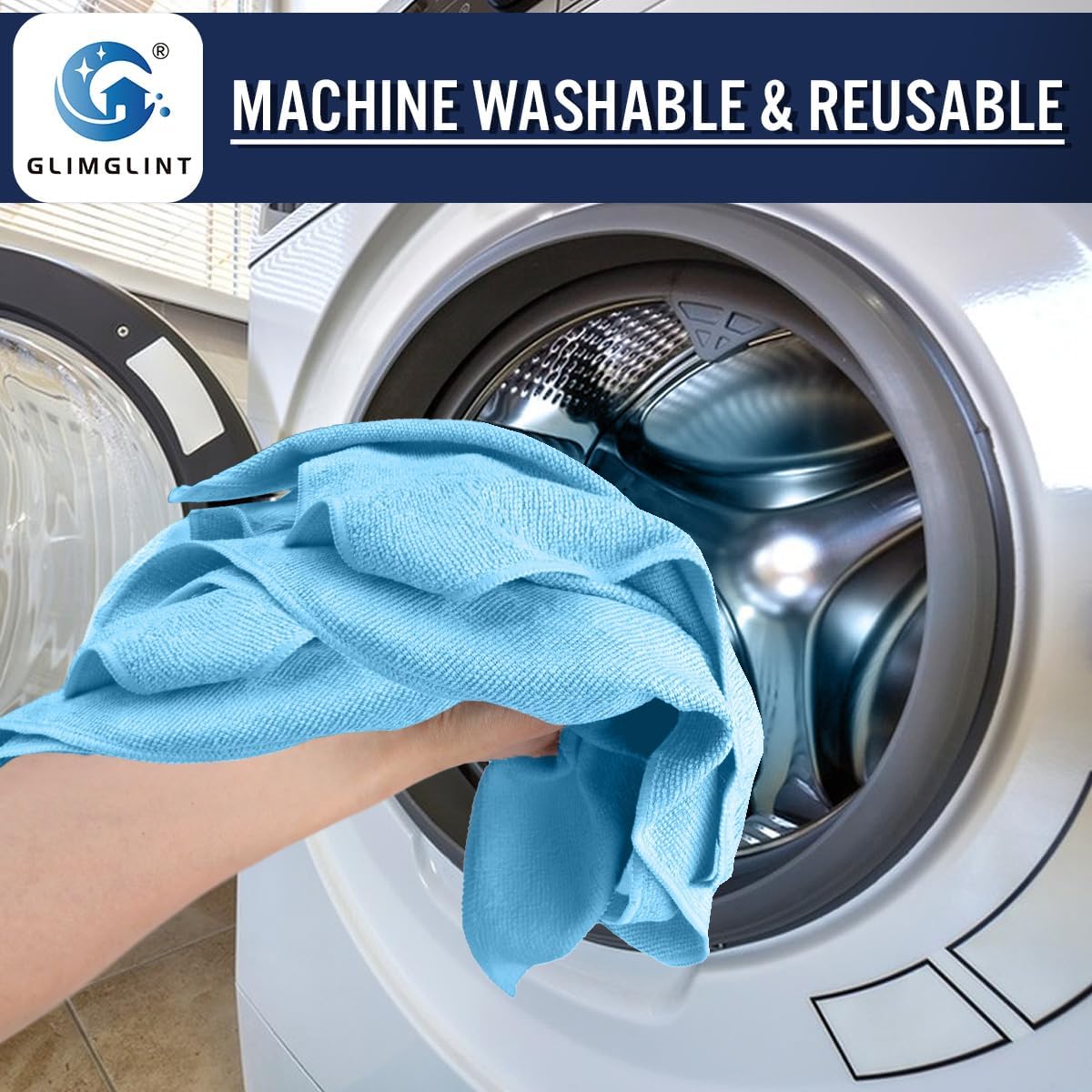 GLIMGLINT Blue Microfiber Cleaning Cloth, 150 Pack Microfiber Towels for Cars, Lint Free, Scratch-Free, Highly Absorbent, Reusable Cleaning Rags for Car, Household, Shop Towels 14"X12"