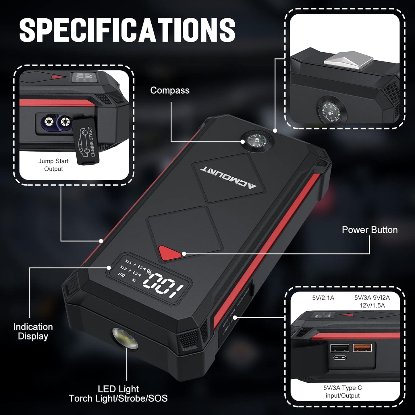 P100 Car Jump Starter, 5000A Peak Lithium Jump Starter Battery Pack for Up to 10.0L Gas or 8.0L Diesel Engine, Safe 12V Portable Battery Starter Power Pack with LED Screen & LED Light