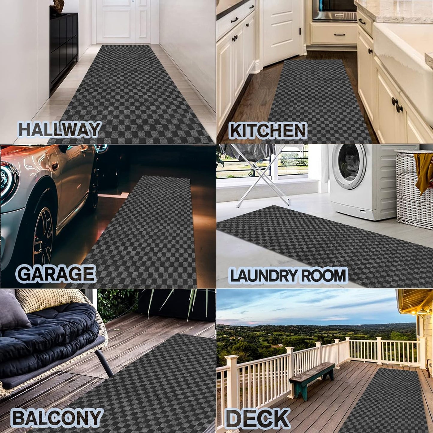 Custom Size Backed Non-Slip Area Rugs Runner, Easy Clean, Waterproof Runner Rugs for Hallway Entryway, Kitchen, Laundry, 2FT x 77FT, Gray Checkered
