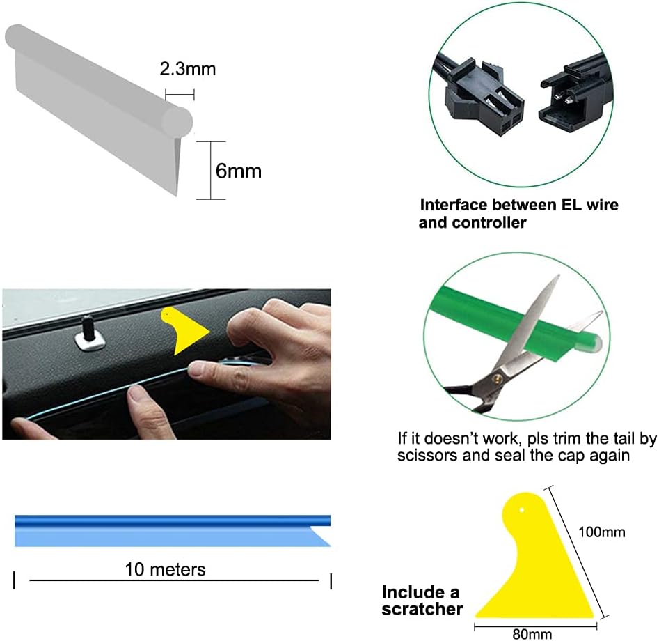 El Wire Lemon Green Interior Car LED Strip Lights, 10M Neon Wire USB 5V with Fuse Protection for Automotive Interior Decoration, with 6mm Sewing Edge