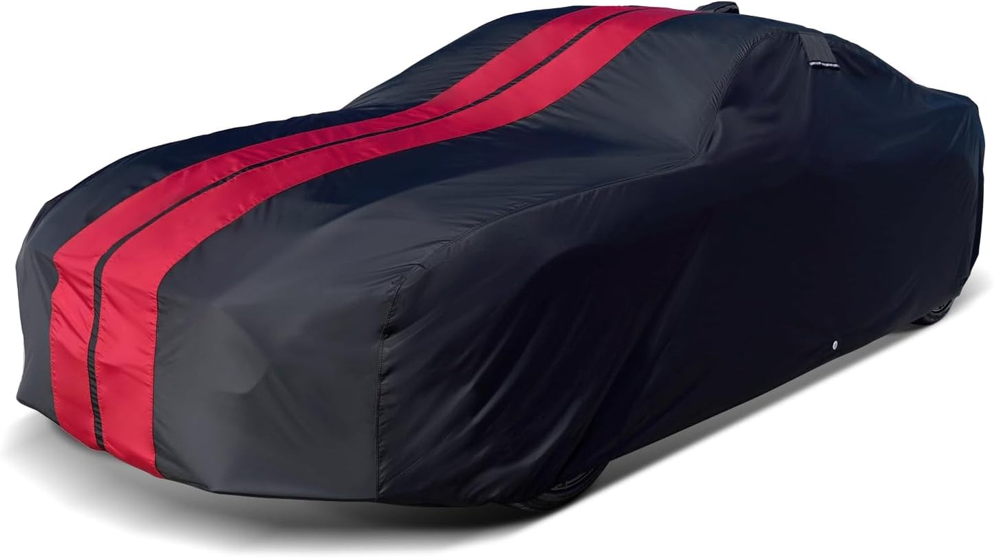 iCarCover Custom Car Cover for Chevy Chevelle 2-Door, 4-Door (1964-1972) Waterproof All Weather Rain Snow UV Sun Protector Full Exterior Indoor Outdoor Car Cover (Stripe - Black/Red)
