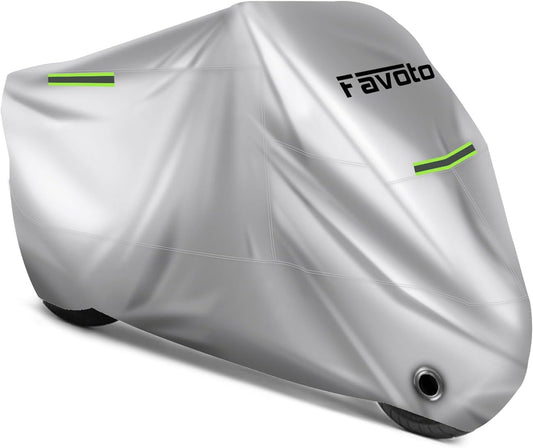 Favoto Motorcycle Cover Universal Heavy Duty Oxford Fabric with Lock-Hole 3 Night Reflectors Windproof Buckles Carrying Bag Waterproof Rain Dust Sun Outdoor Protection Silver, 96.5 inch
