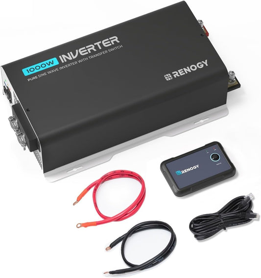 Renogy Inverter PUH 1000W, 12V to 110V Pure Sine Wave Power Inverter, Built-in Transfer Switch and Bluetooth, DC to AC Solar Converter for RV, Truck, Camping, Home, Emergency, Off-Grid Living