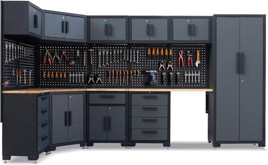 15-Piece Corner Garage Storage Cabinet System - Heavy Duty Workshop Set w/Corner Cabinet Includes Workbench, Pegboard & Lockable Drawers | Metal Tool Organization System for Garage/Workshop