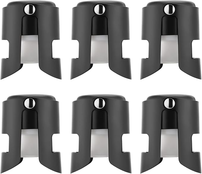 Champagne Sealer Stopper 6 Pack Stainless Steel Sparkling Wine Bottle Stoppers，Leak-Proof Bubble Retaining Saver，Suitable for Champagne Prosecco Cava and Sparkling (Black)