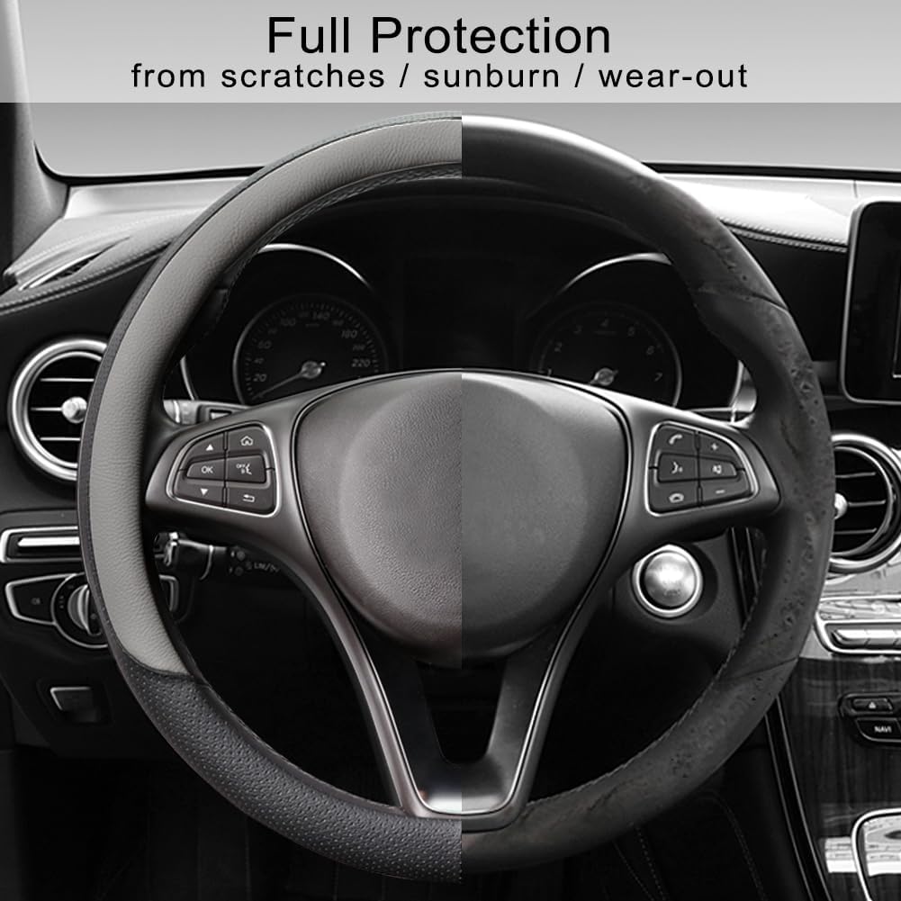 COFIT Breathable Car Steering Wheel Cover 15 inch Auto Universal Leather Wrap Non-Slip Steeringwheel Protector Automotive Interior Accessories, Grey (Suit for 14.5-15 inch)