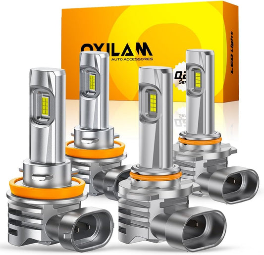OXILAM H11/H9/H8 and 9005/HB3 Light Bulbs Combo, 58,000LM Wider Driving Vision, 1:1 Design 9005 H11 LED lights, True Plug & Play, Pack of 4