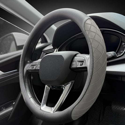 LKWLIKEI Nappa Leather Steering Wheel Cover,Elegant Diamond Checkered Design, Non-Slip wear-Resistant, Enhance Driving Comfort, Suitable for Steering Wheel Diameter 14 1/2‘-15’ Models.Black Gray