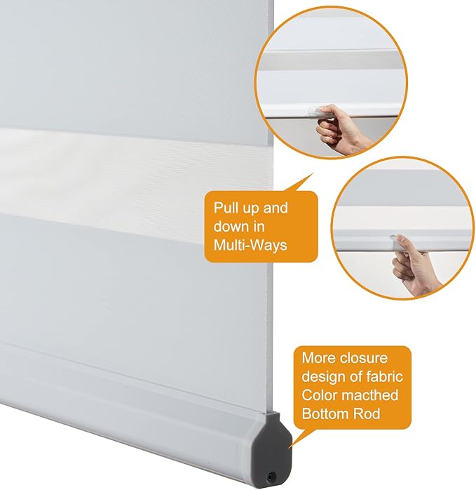 Persilux Cordless Zebra Blinds for Windows Shades (19" W x 47" H, White) Dual Layer Fabric Light Control for Day and Night Room Darkening Sheer Roller Shades for Home, Bedroom and Office
