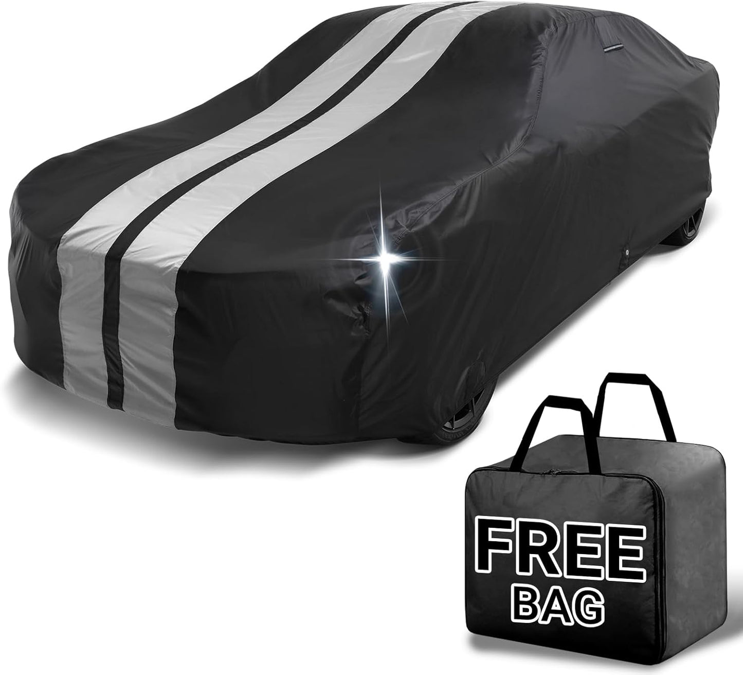iCarCover Custom Car Cover for Chevy Monte Carlo (1973-1977) Waterproof All Weather Rain Snow UV Sun Protector Full Exterior Indoor Outdoor Car Cover (Stripe - Black/Gray)