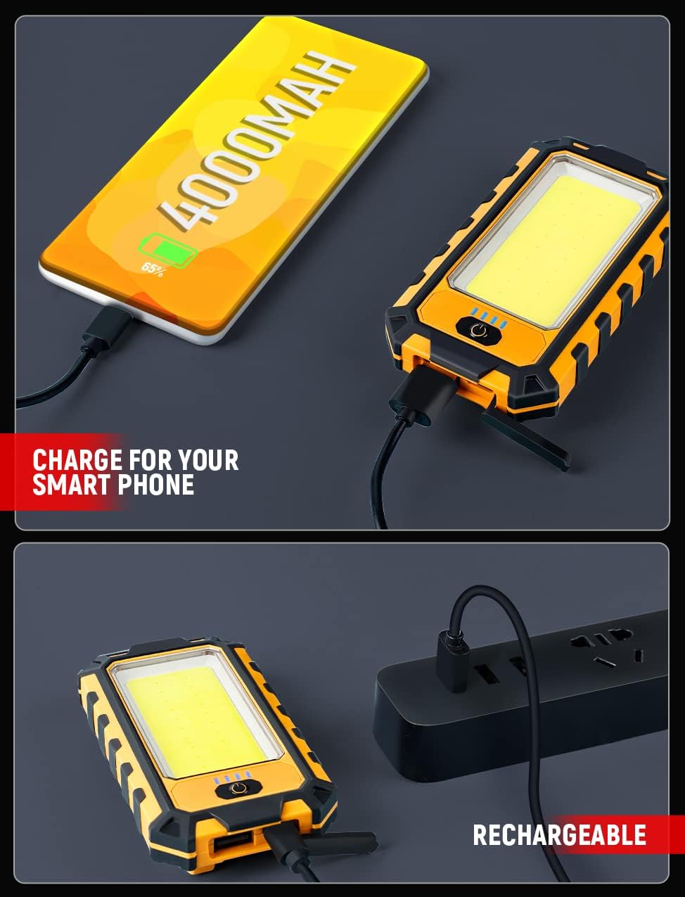 LED Rechargeable Magnetic Work Light 40W 1500Lumens, Hanging Hook 4 Lighting Modes, Job Site Lighting for Car Repairing, Camping, Hunting, and Hurricane(Orange)