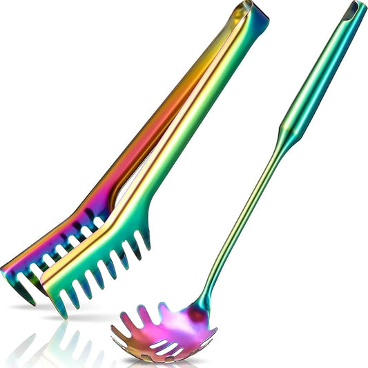 Patelai 2 Pcs Stainless Steel Pasta Spoon with Teeth Large Spaghetti Utensil, 9.4'' Tong and 13.6'' Pasta Fork with Vacuum Handle, Comfortable Grip Design Spoons for Kitchen(Colorful)