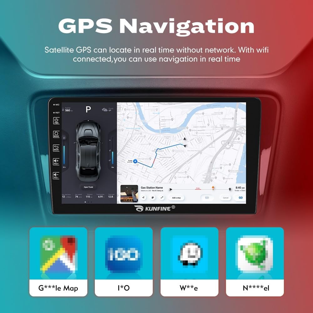Kunfine Car CarPlay Android Auto Navigation Stereo GPS Radio Reverse Camera Display 9" IPS Touchscreen Headunit Tablet Pad Media Player For Peugeot 301 13-22 if Applicable Quad Core 2G+64G Matte Black