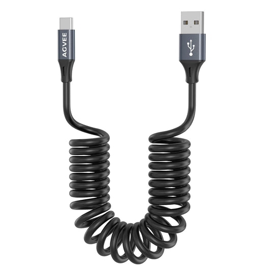 AGVEE 2 Pack 3ft Coiled Short USB to USB-C Charging Cable [USB-IF Certified] 3A Fast Charger Cord in Car for iPhone 16/15 CarPlay, Galaxy S25 S24 S23 S22 S21 S10 S9 S8, Google Pixel, Dark Gray