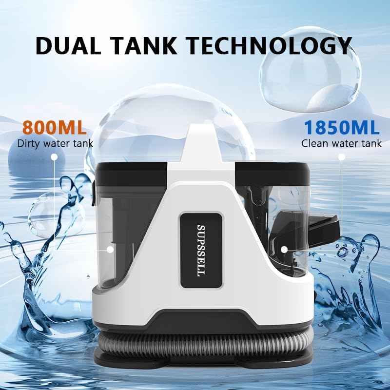 Carpet Spot Cleaner Machine, 16Kpa Portable Deep Cleaner with 62oz Tank and for Carpets, Upholstery, Pet Hair，Includes 2 Brushes, Extension Hose (White)
