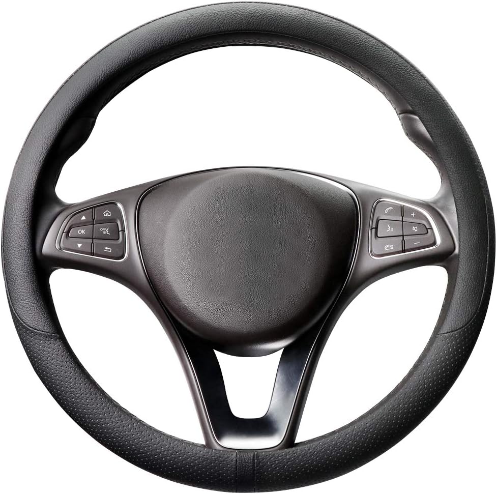 COFIT Breathable Car Steering Wheel Cover 15 inch Auto Universal Leather Wrap Non-Slip Steeringwheel Protector Automotive Interior Accessories, Black (Suit for 14.5-15 inch)