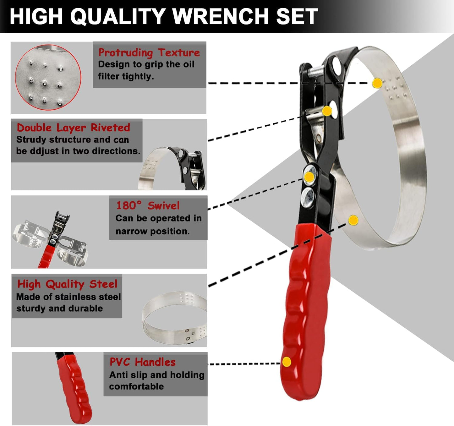 7pcs Oil Filter Wrench Set with Small Oil Funnel for Oil Change, Adjustable Oil Filter Removal Tool 2-1/16"-5-1/4"