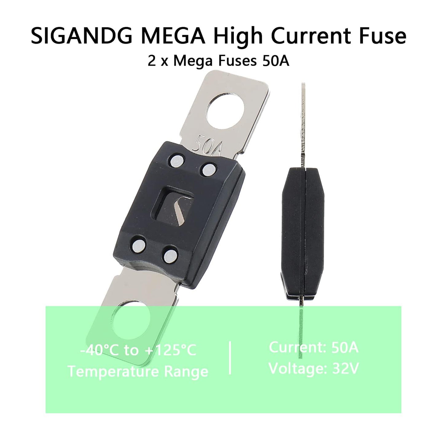 50A MEGA High Current Fuse - 50 Amp Bolt-on Fuse for Cars, Trucks, Construction Vehicles, Buses, Caravans (2 Pcs)