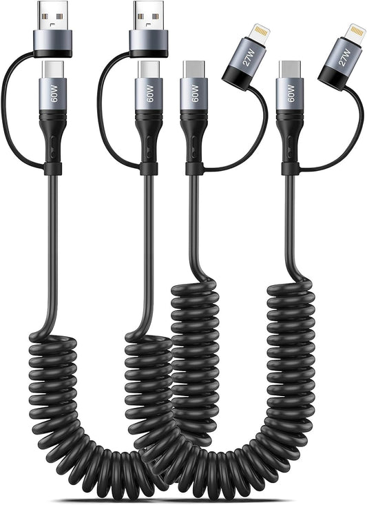 Coiled Lightning Cable [2Pack 4FT] 4 in 1 Multi Charging Cable 60W Fast Charging Retractable Charger Cord for iPhone 15/14/13/12/11 Pro Max/XS MAX/XR/XS/X/8/7/6 Plus/iPad/AirPods/MacBook/CarPlay