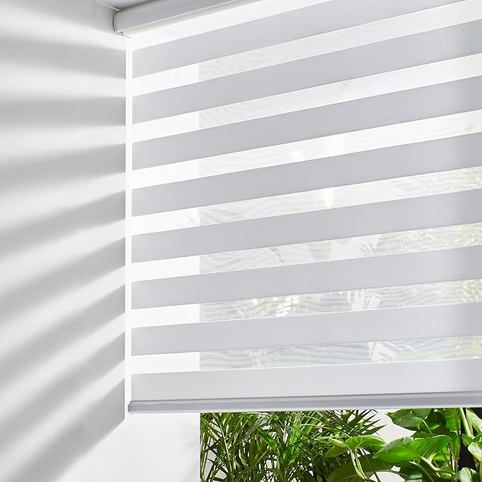 Persilux Cordless Zebra Blinds for Indoor Windows, Free-Stop Zebra Blinds Cordless, Light Filtering Sheer Shades Dual Layer for Day and Night, Zebra Roller Shades for Home (34.5" W X 47" H, Grey)