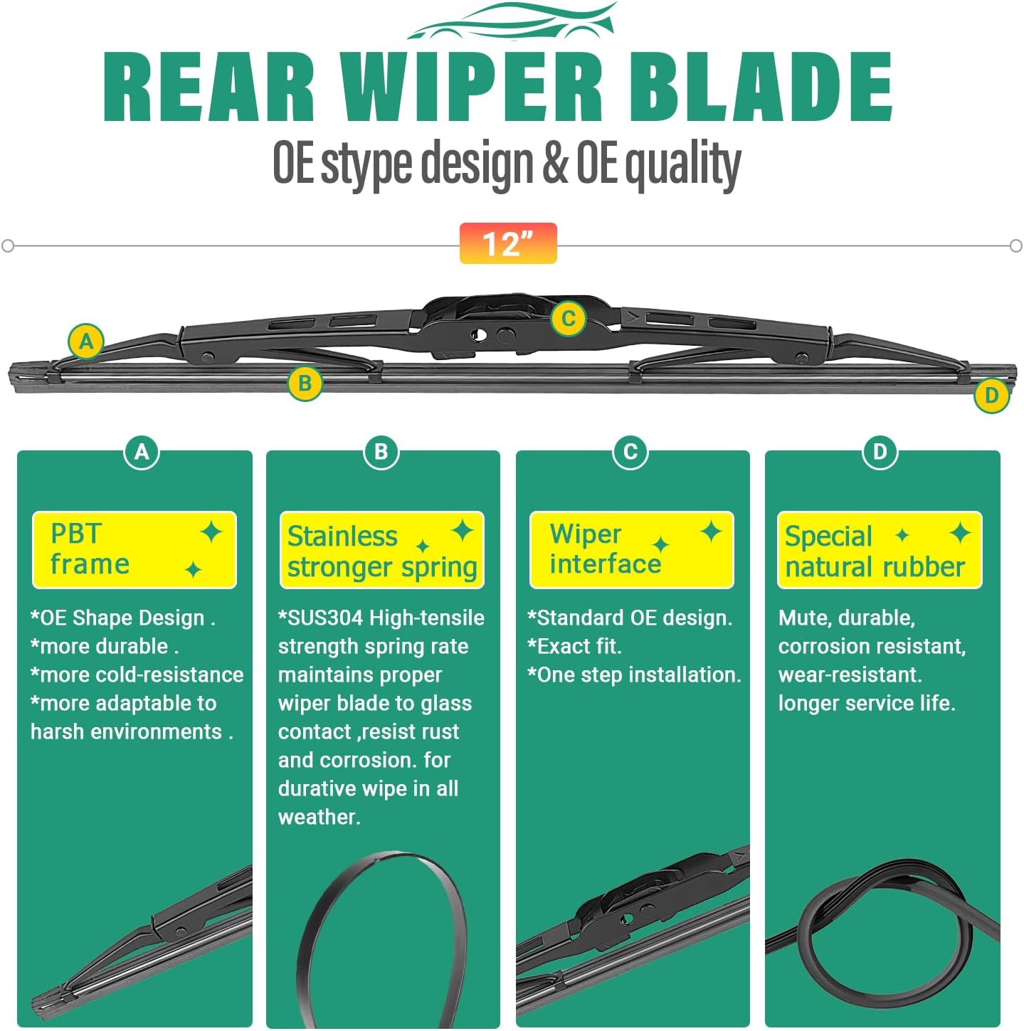 24" 18" 12" Windshield Wiper Blades Replacement for GMC Terrain 2018 2019 2020 2021 Premium All Weather Front Rear Wipers Set - OEM Quality (Pack of 3)