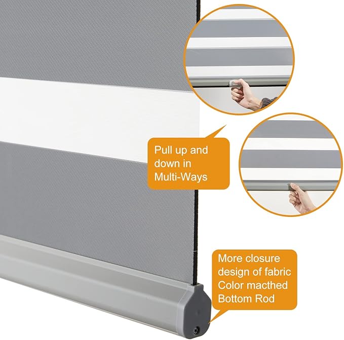Persilux Custom Size Cordless Zebra Blinds for Windows Free-Stop Roller Windows Shades Dual Layer Light Control for Day and Night, Light Filtering Sheer Shades for Home and Bedroom Grey