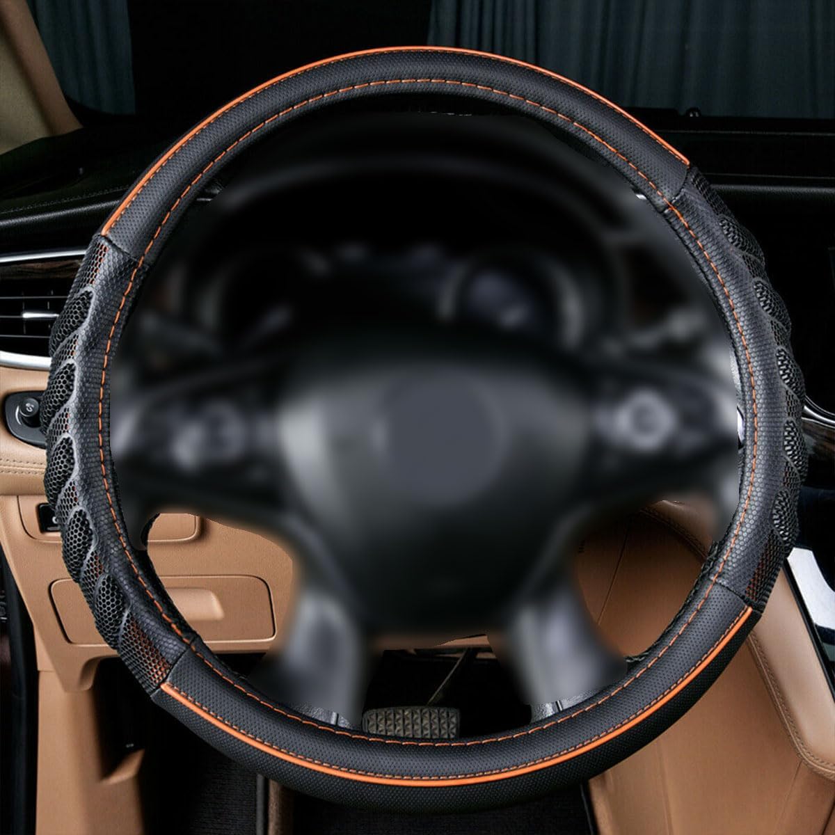 Flying Banner car Steering Wheel Cover Faux Leather Massage Universal fit 3D Honeycomb Hole Anti-Slip Sporty 15 Inches (Orange Black)