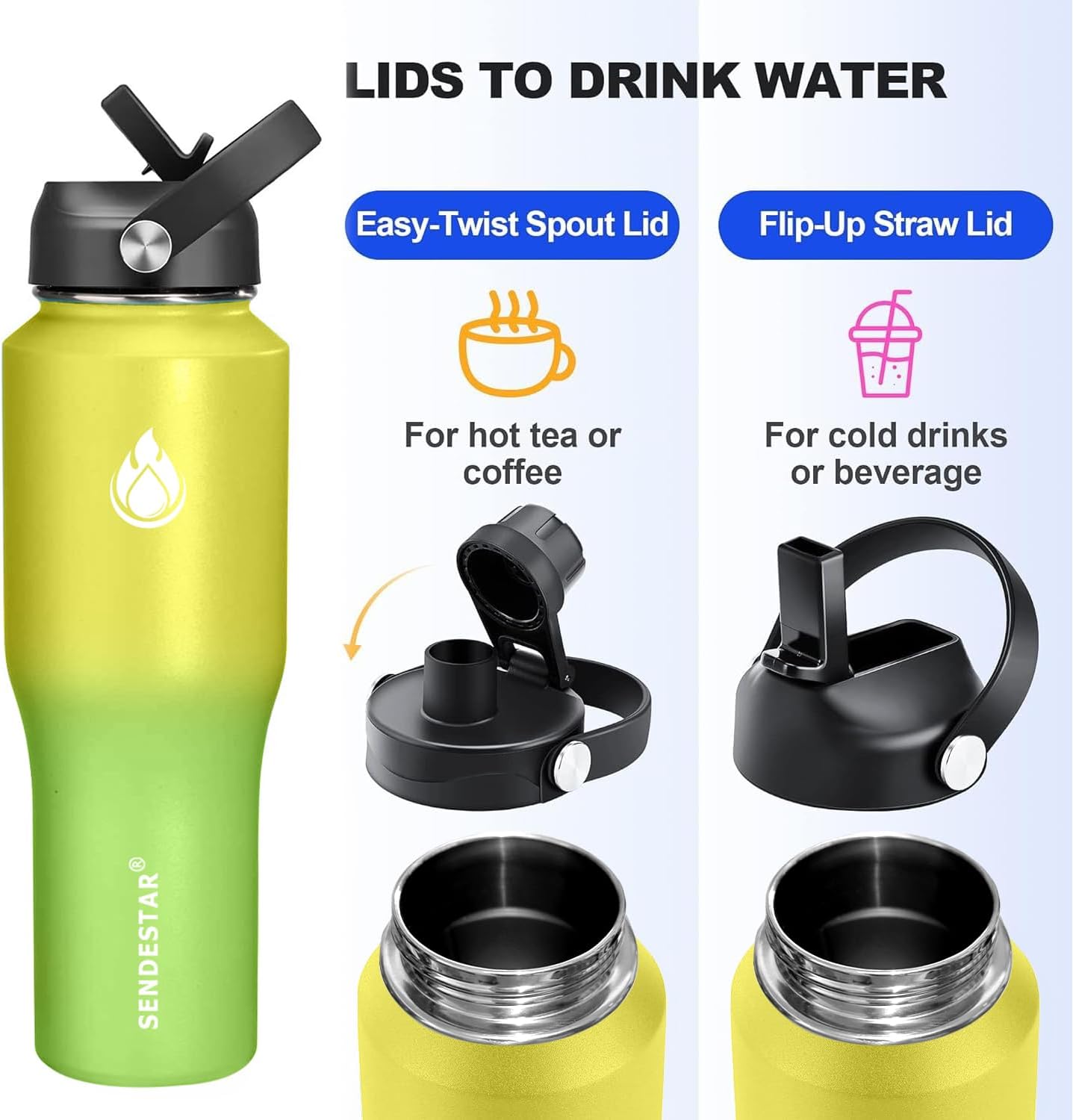 SENDESTAR 32oz Water Bottle Wide Mouth Stainless Steel Vacuum Insulated Double Wall with 2 Straw Lids Fit in Any Car Cup Holder