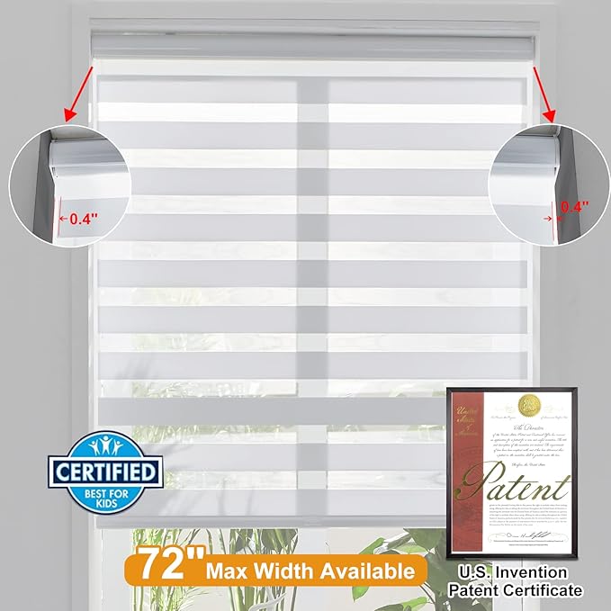 Persilux Zebra Blinds for Windows, Cordless Roller Shades Window Treatments (17" W x 72" H, White) Light Filtering Dual Layer Roller Window Shades Sheer Shades for Home and Office