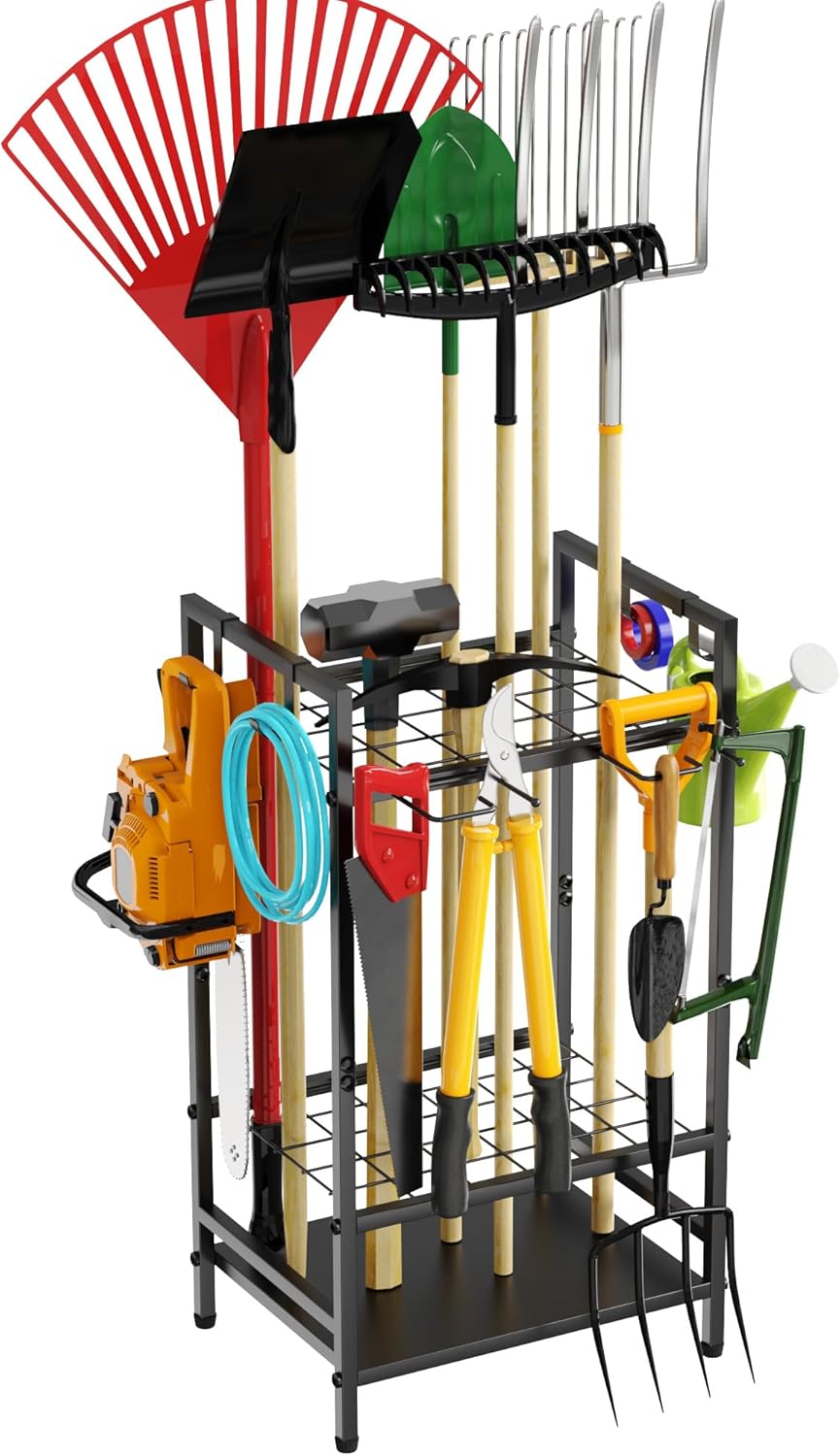 Garden Tool Organizer Rack for Garage, Yard Tool Tower Rack Organizer, Tools Stand Storage with Hooks Black Metal Garden Tools Holder for Yard Shed Garage Organization