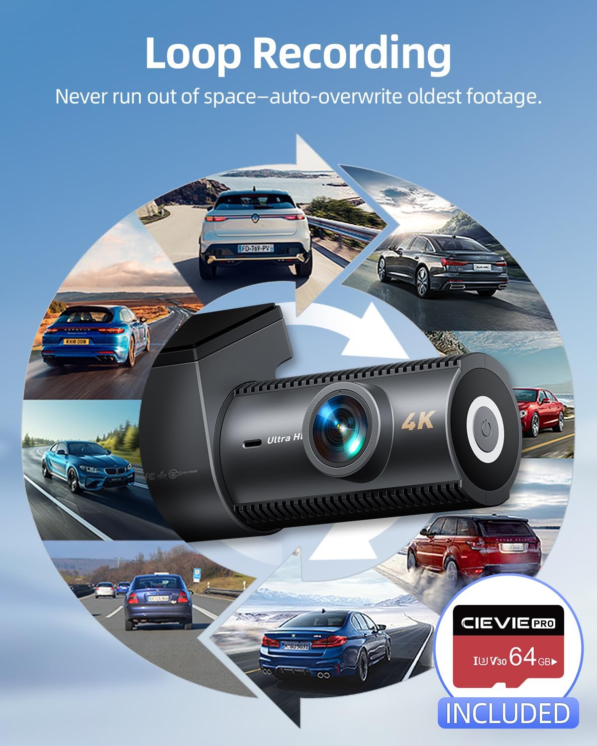4K Dash Cam Front and Rear, 64GB SD Card, 1.5” IPS Display Car Camera, 5Ghz WiFi+App Control, Night Vision, 24H Parking Mode, G-Sensor, WDR, 170° Wide Angle, 4K+1080P Dual Dash Camera for Cars