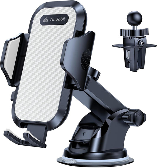 andobil Car Phone Holder Mount (Bumpy Roads Friendly) Military-Grade Phone Holders for Your Car Dashboard Windshield Air Vent Cell Phone Car Mount for iPhone 16 Pro Max 15 14 13, Samsung Silver