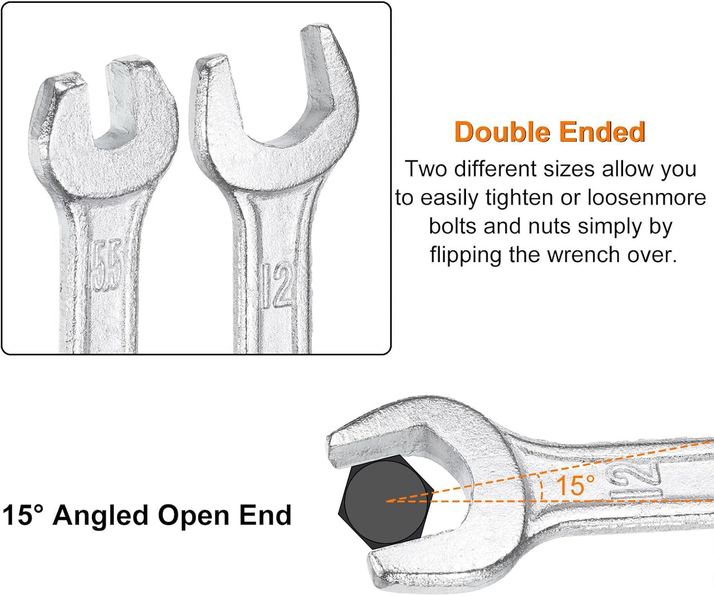 HARFINGTON 2pcs Double Open End Wrench 10mm x 13mm Metric 15 Degree Offset Angle Small Flat Head Wrench Galvanizing Open Ended Spanner for Automotive Repair Furniture Assembly