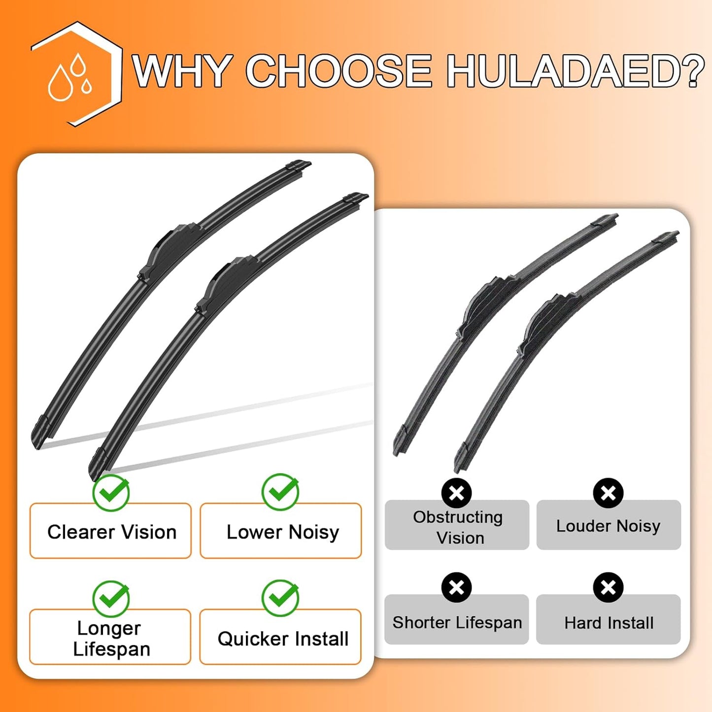 HULADAED® 26''+16''+11'' Windshield Wipers Replacement for Hyundai Kona 2023-2018 Hyundai Accent Kia Rio 2019-2012 Silicone Front Rear Wiper blades for MY Car-All Weather & Quiet(3 PACK)