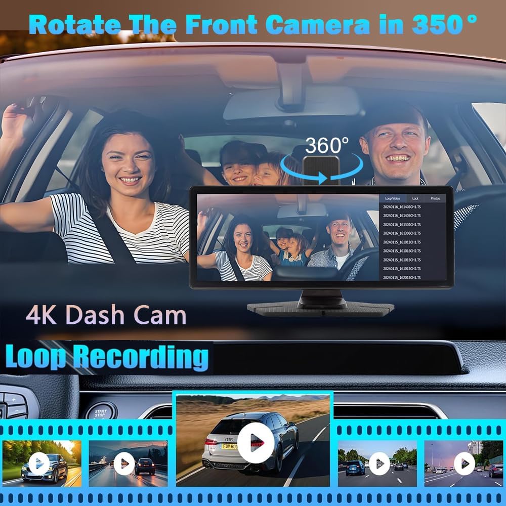 Wireless Carplay Screen for Car 10.26" 4K 360 Rotation Dash Cam Carplay&Android Auto Car Stereo 1080p Backup Camera GPS Navigation/Mirror Link/Voice Control/Siri/FM Satellite Radio Receiver