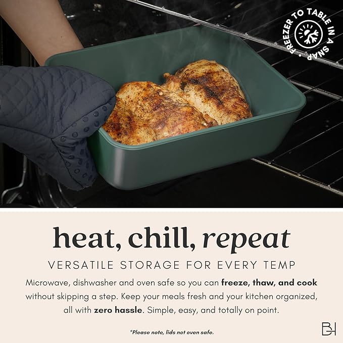 Ceramic Coated Glass Food Storage Container | No PTFE, PFOA, PFAS, and BPA | Reusable Non Toxic Meal Prep Container with Glass Lid | Easy To Store | 6 Cup Rectangle [Pine]