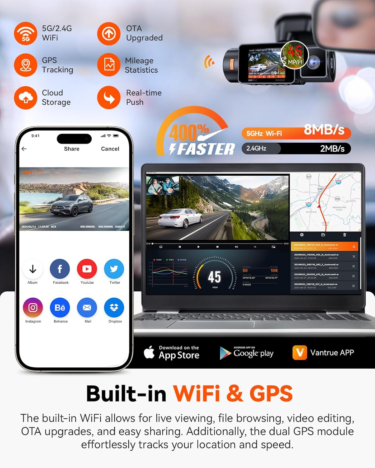 Vantrue N2X 2.7K Uber Dash Cam Front and Inside, 5G WiFi Dual Dash Camera for Car with HDR IR Night Vision, STARVIS 2, GPS, 2.5K/60FPS, LTE Support, 24/7 Parking Mode, Voice Control, Support 512GB Max