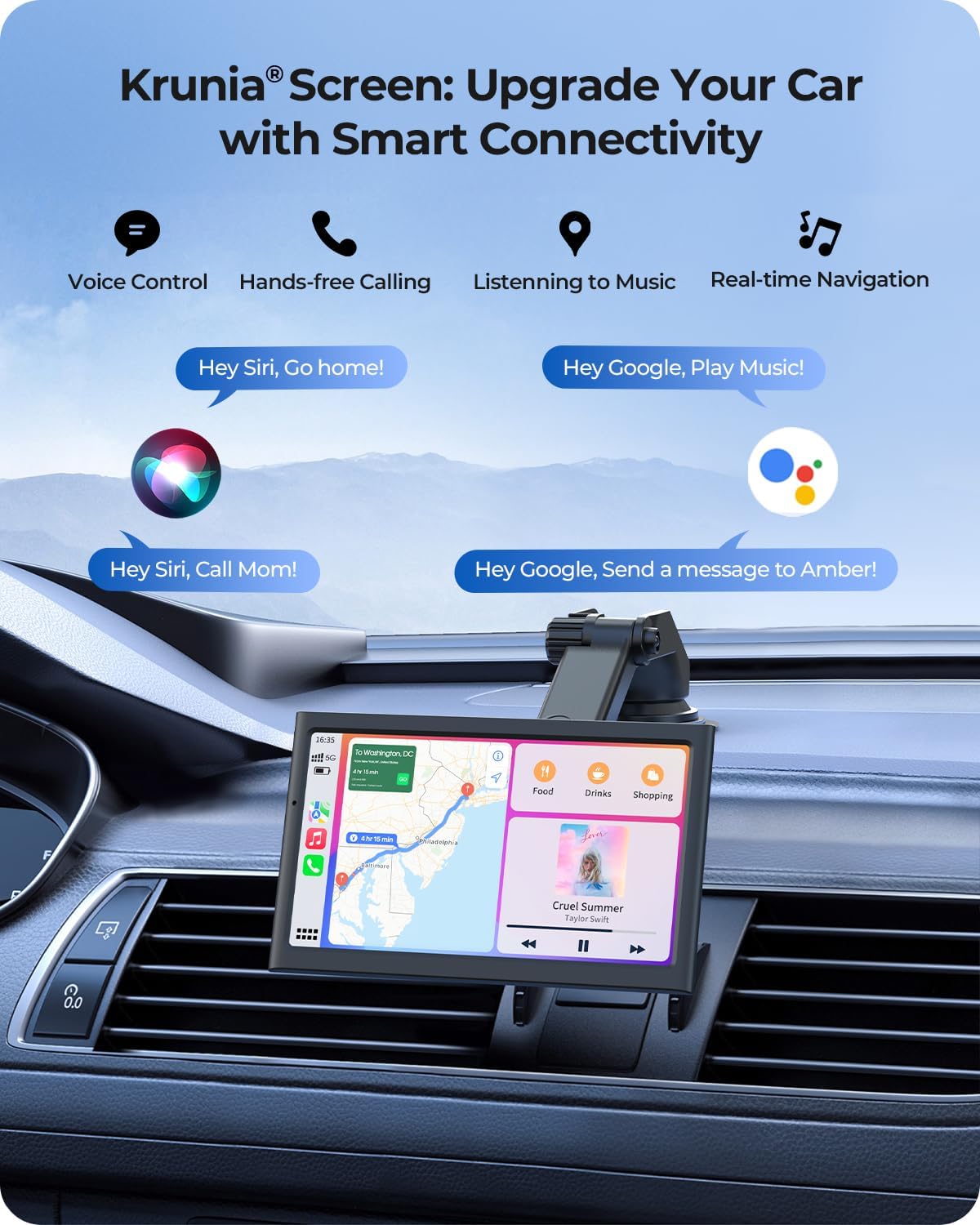 7" Wireless Portable 60FPS Car Play Screen for Apple CarPlay & Android Auto, Portrait and Landscape Modes, Mirror Link, Bluetooth, Voice Control, GPS Navigation