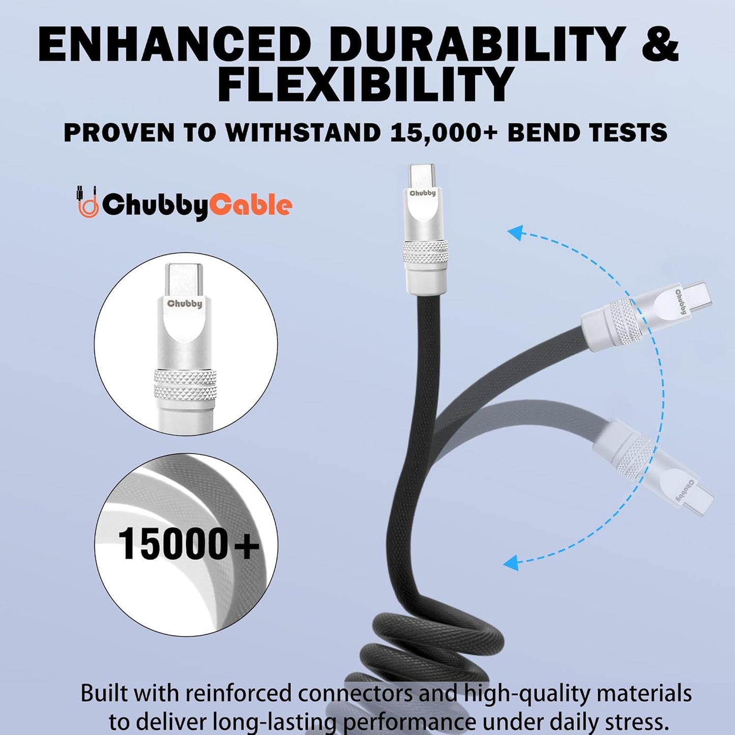 chubbycable Curly Chubby - Retractable Fast Charging Cable 240W Coiled Charger Cord for Car Durable USB-C Cable for Phones, Tablets and More, Purple+Purple, USB-A to Type-C, 1.3FT-2.3FT