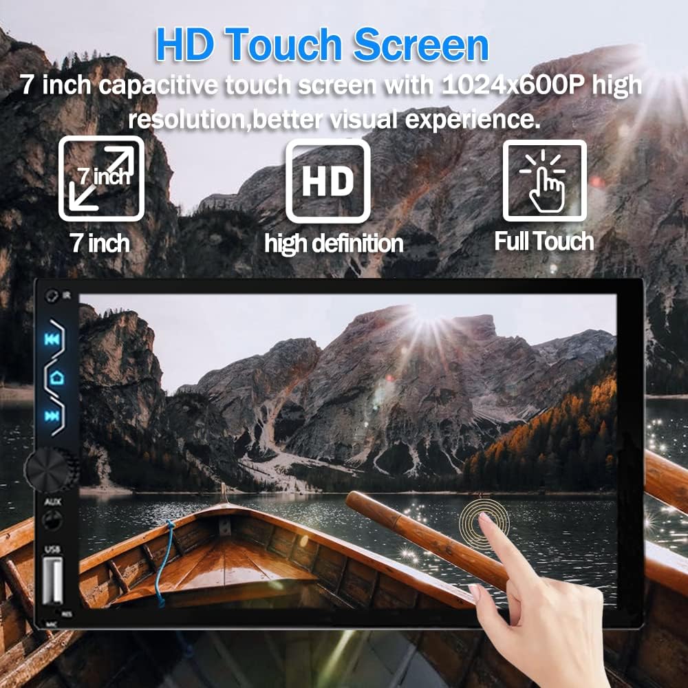 Double Din Car Stereo with Wireless Carplay and Wireless Android Auto,7 Inch Full HD Touchscreen Car Stereo Receivers Support Mirror Link,Bluetooth, Backup Camera,Steering Wheel,FM/USB/AUX/Subwoofer