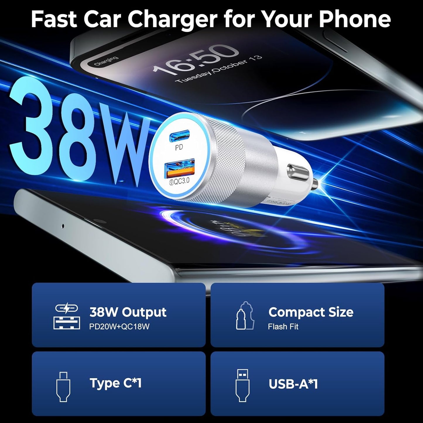 3-Pack Car Charger, Ancekoy 38W Dual Port Fast Charge PD & QC 3.0 Car Adapter Cigarette Lighter USB Plug for iPhone 16/15/14/13 Pro Max, iPad, Galaxy S25/S24/S23 and More (White)