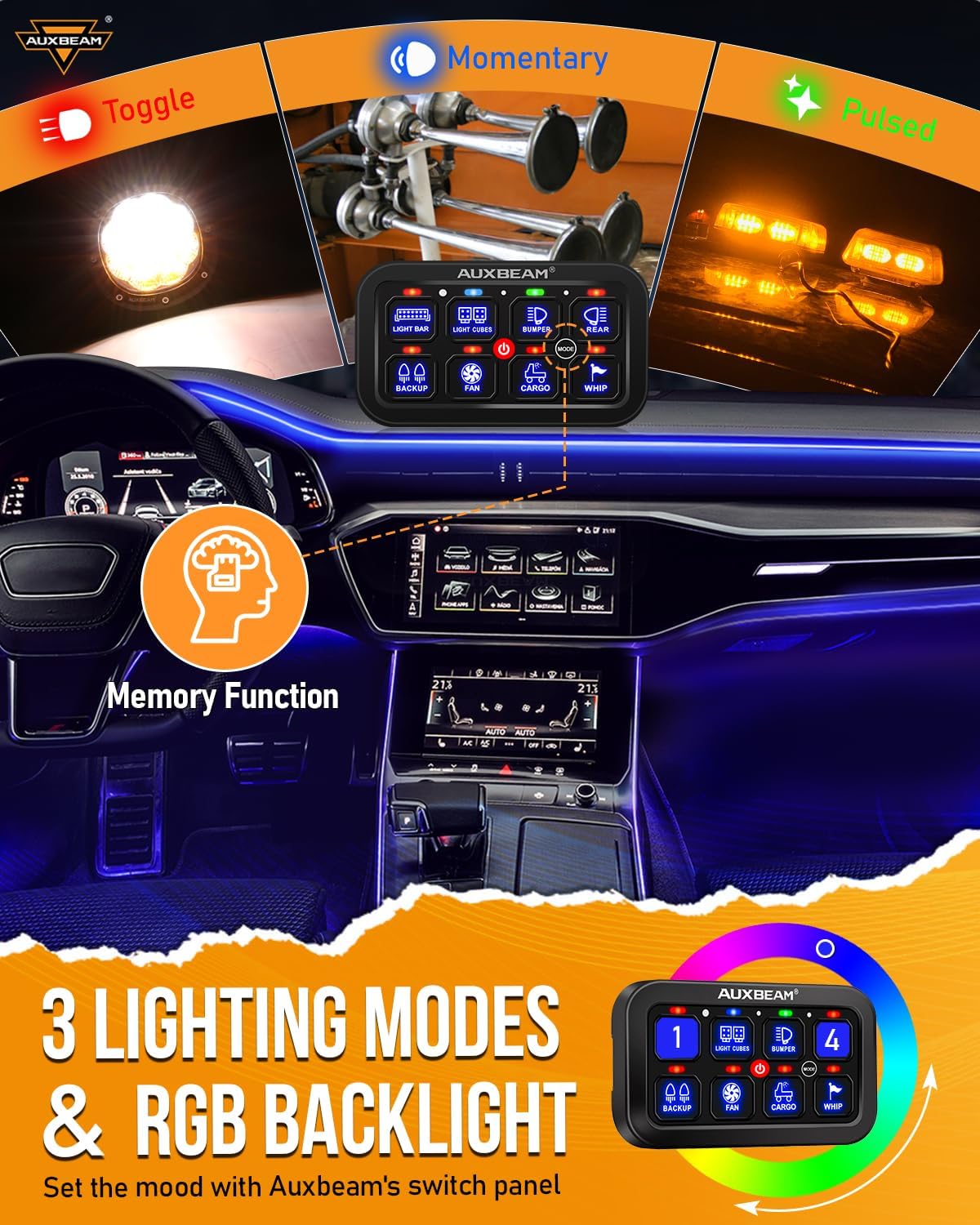 Auxbeam 8 Gang Switch Panel RA80 Auto-Dimmable RGB Switch Panel w/Momentary Toggle Pulsed, 12V-24V Automotive Aluminum Switch Panel for Truck Offroad Car Boat Waterproof, 2 Years Warranty