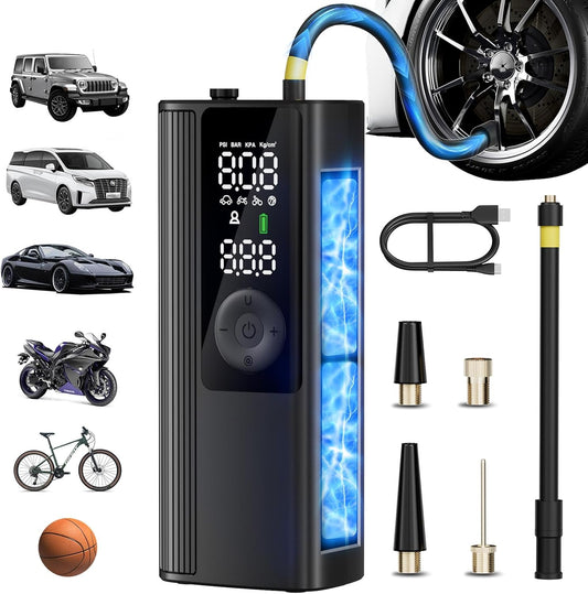Tire Inflator Portable Air Compressor, Cordless Air Pump for Car Tires with Digital Pressure Gauge, 150 PSI Fast Tire Inflator for Car, Motorcycle, Bicycle - LED Light and Auto Shut-Off
