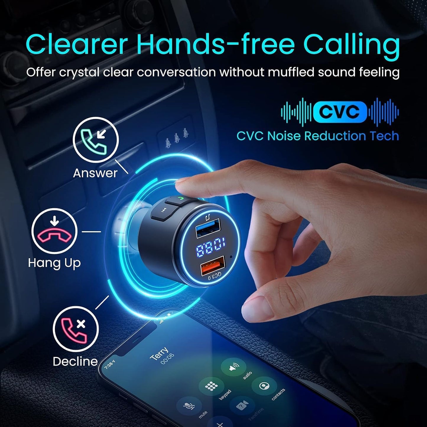 Upgraded V5.3 FM Bluetooth Transmitter, Bluetooth Car Adapter QC3.0 & LED Backlit Wireless FM Radio Adapter Music Player/Car Kit, Siri Google Assistant