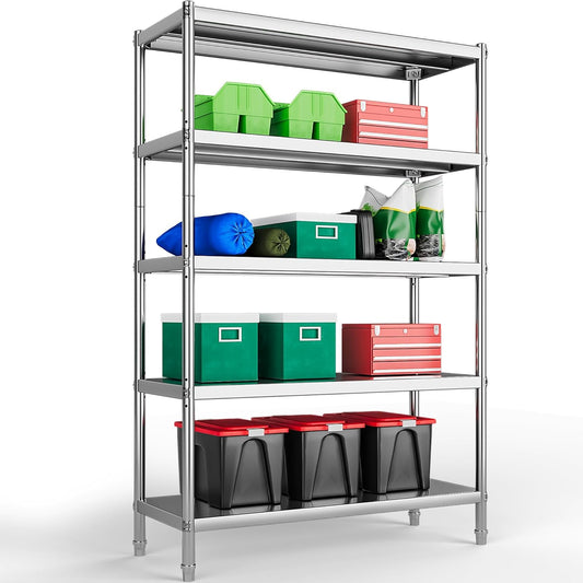 YITAHOME NSF Stainless Steel Shelves, 48"*18"*72" 5 Tier Storage Shelf, Heavy Duty Shelving for Kitchen Garage Office Restaurant Warehouse, 201 Bright Silver