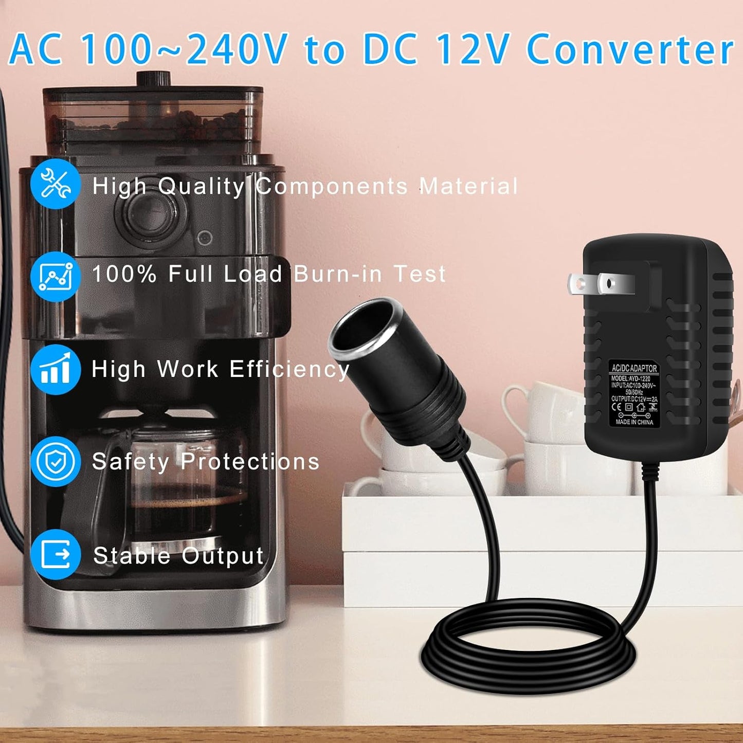 inShareplus 12V 2A 24W AC to DC Converter, 12 Volt Cigarette Lighter Adapter, AC 100-240V to DC 12V Car Lighter Adapter to Wall Outlet Adapter, 12V Power Supply for Car Devices (MP3, Fan, Dash Cam)