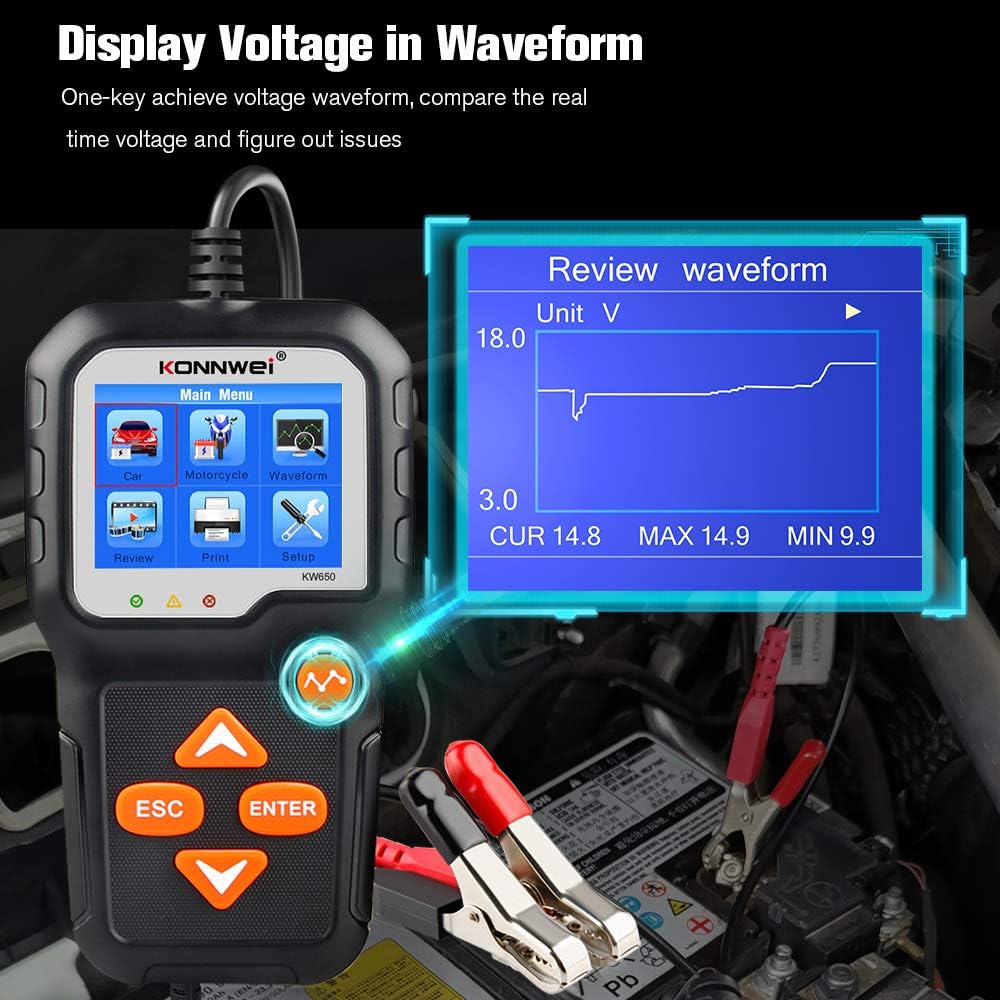 KONNWEI KW650 6V 12V Car Battery Tester, 100-2000 CCA Battery Load Tester Automotive Battery and Alternator Tester for Vehicles/Marine/Motorcycle/Lawn Mover
